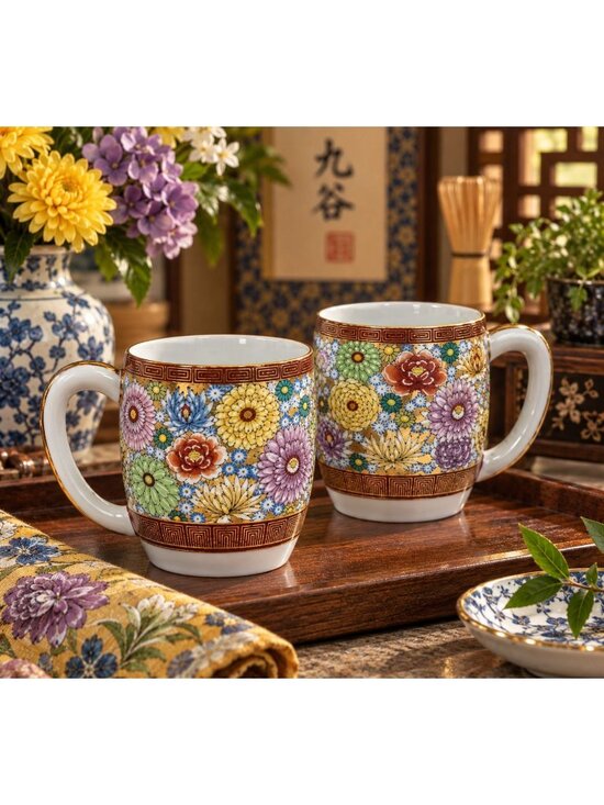 Kutani Yaki Other - Kutani Yaki Hanazume Handpainted Floral Gosai-de Gold Trim Set 2 Coffee Tea Cup